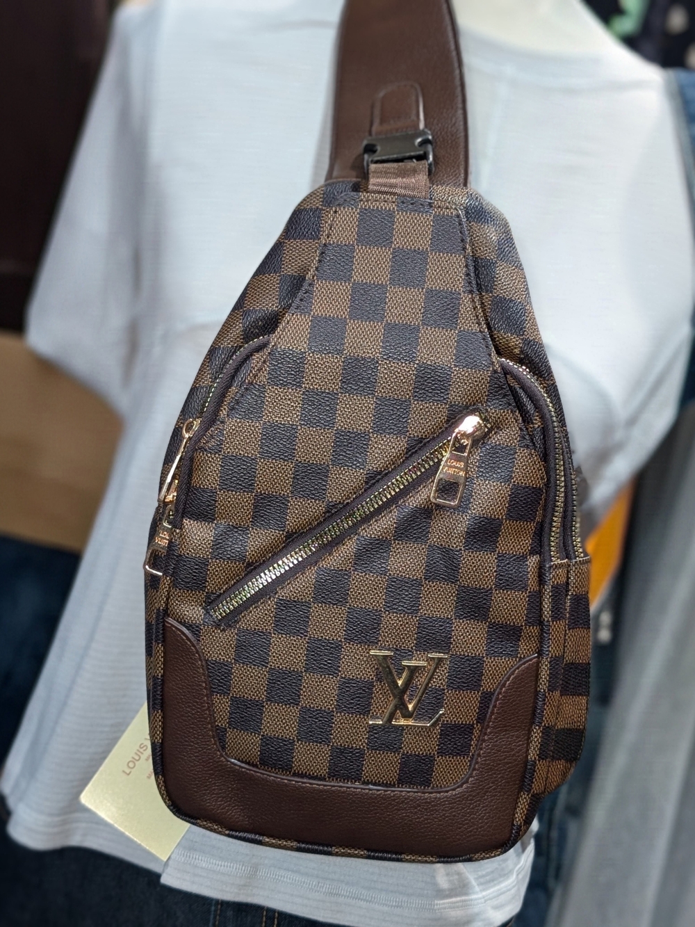 Inspired Fashion Brown Damier  Crossbody Sling Bag with Gold Hardware
